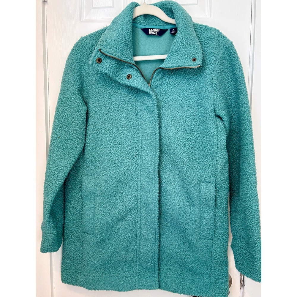 Lands End Womens Sherpa Fleece Jacket Teal Blue Full Zip Snap Funnel Neck Small